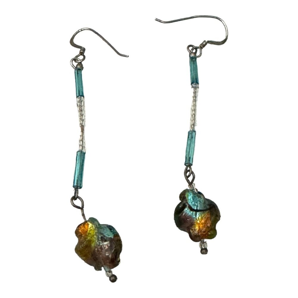 Venetian Murano Glass Vintage Sterling Silver Drop Earrings 3” Long